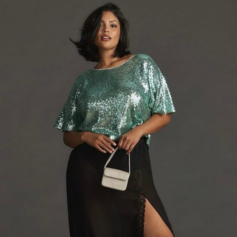 By Anthropologie Sequin Glitter Short Sleeve Cropped Turquoise Top, Size MP